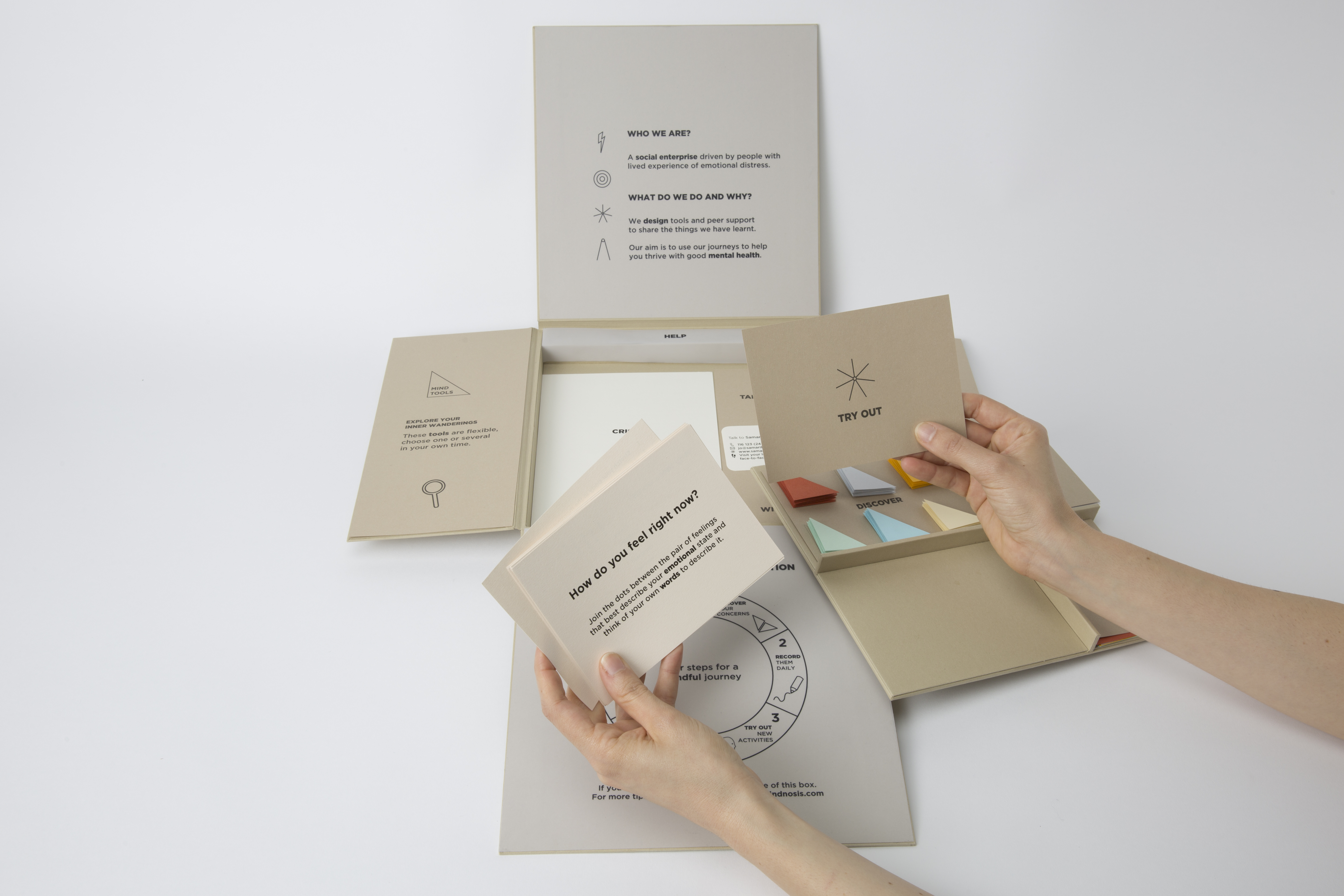 Holding a 'how do you feel right now?' card over the Try Out tray of activity cards